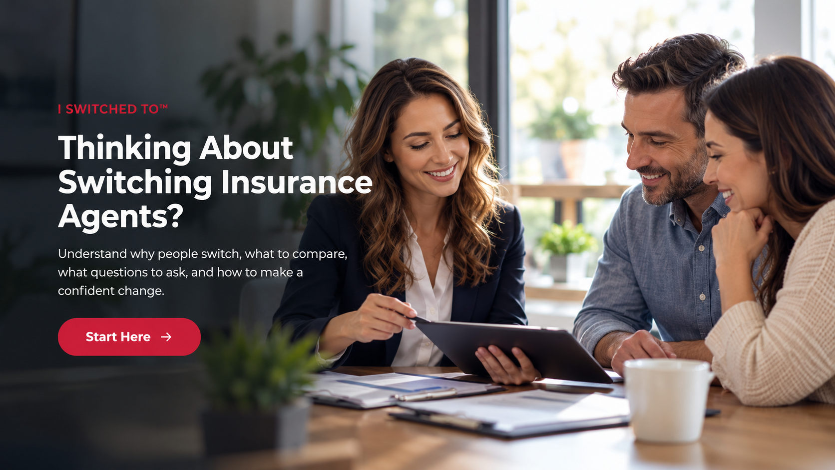 Insurance agent meeting with a couple and reviewing coverage options before they switch insurance agents.